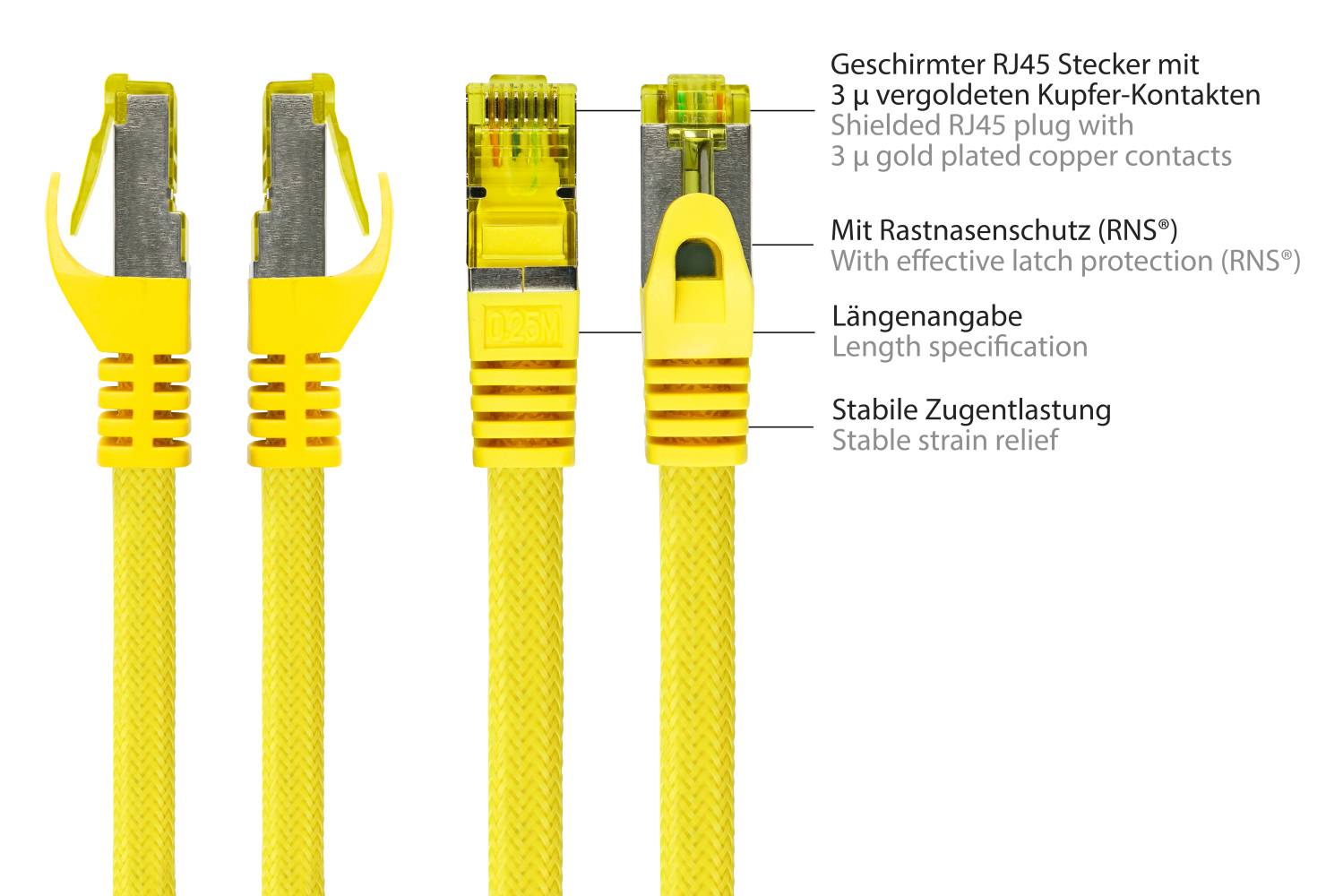 Kabelmeister® RJ45 Patchkabel mit Cat. 7 Rohkabel, Rastnasenschutz (RNS®) und Nylongeflecht, halogenfrei,gelb, 0,25m