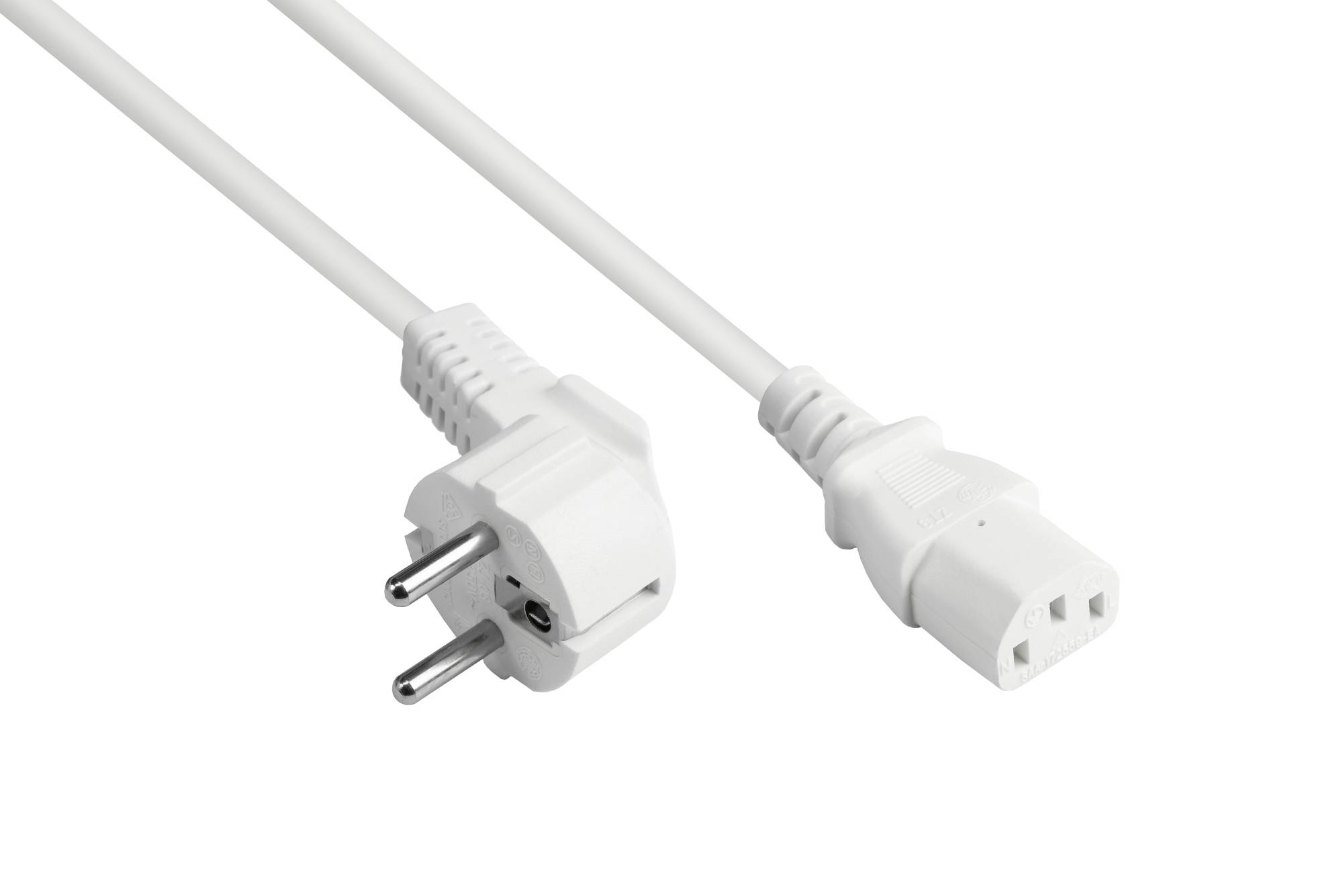 Kabelmeister® Netzkabel Schutzkontakt-Stecker Typ E+F (CEE 7/7, gewinkelt) an C13 (gerade), weiß, 1,00 mm², 3 m