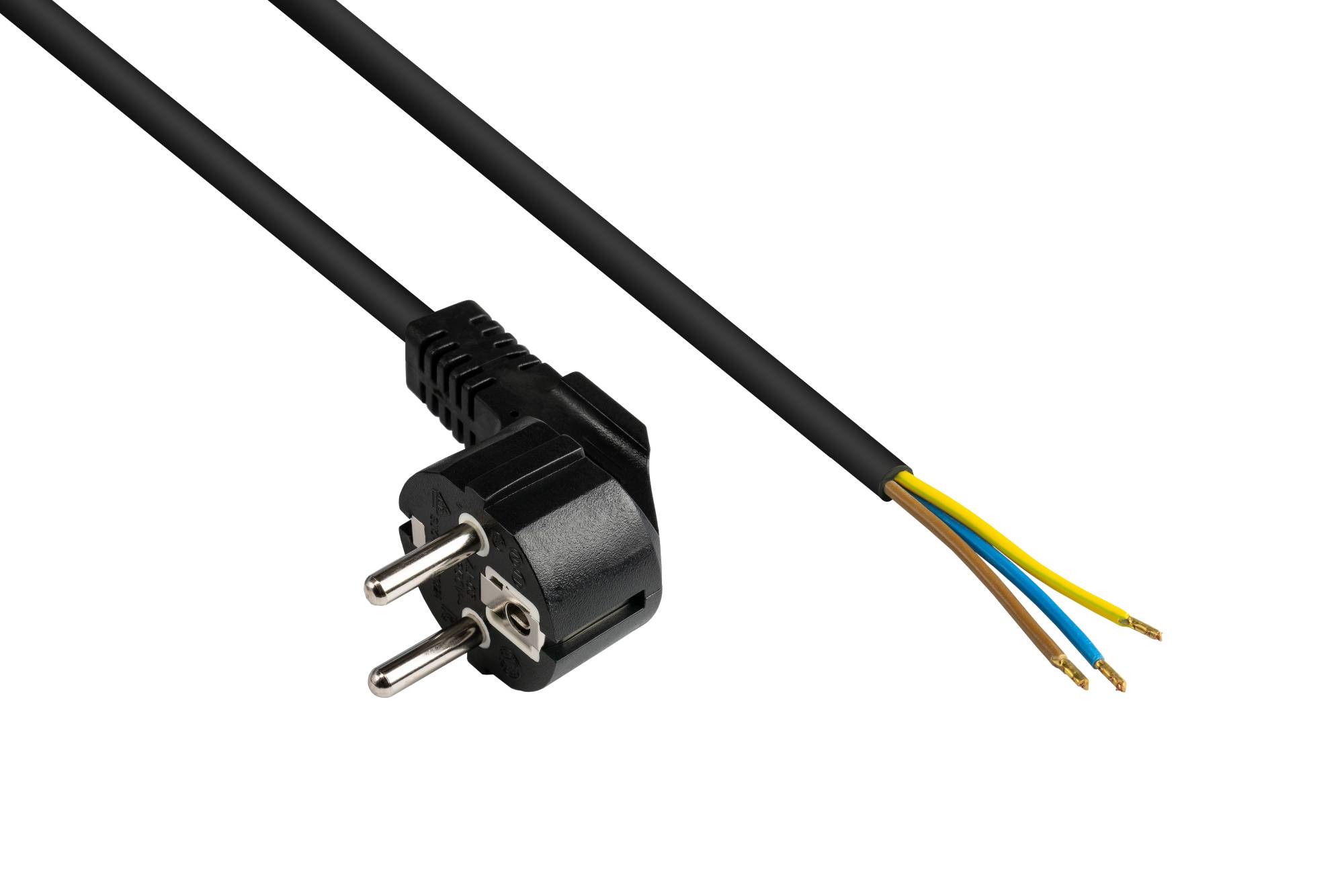 Good Connections® Netzkabel Schutzkontakt-Stecker (gewinkelt) an abisolierte Enden, schwarz, 0,75 mm², 2 m