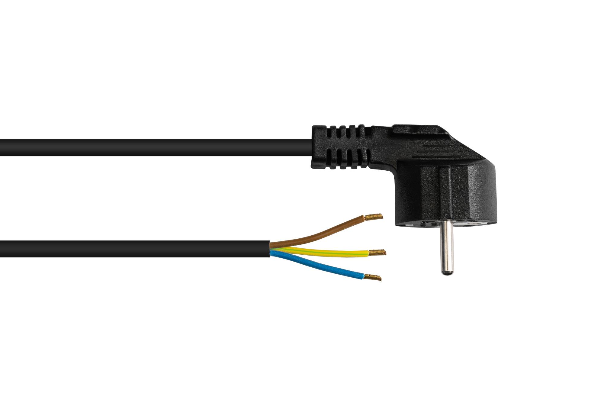 Kabelmeister® Netzkabel Schutzkontakt-Stecker Typ E+F (CEE 7/7, gewinkelt) an abisolierte Enden, schwarz, 1,00 mm², 5 m
