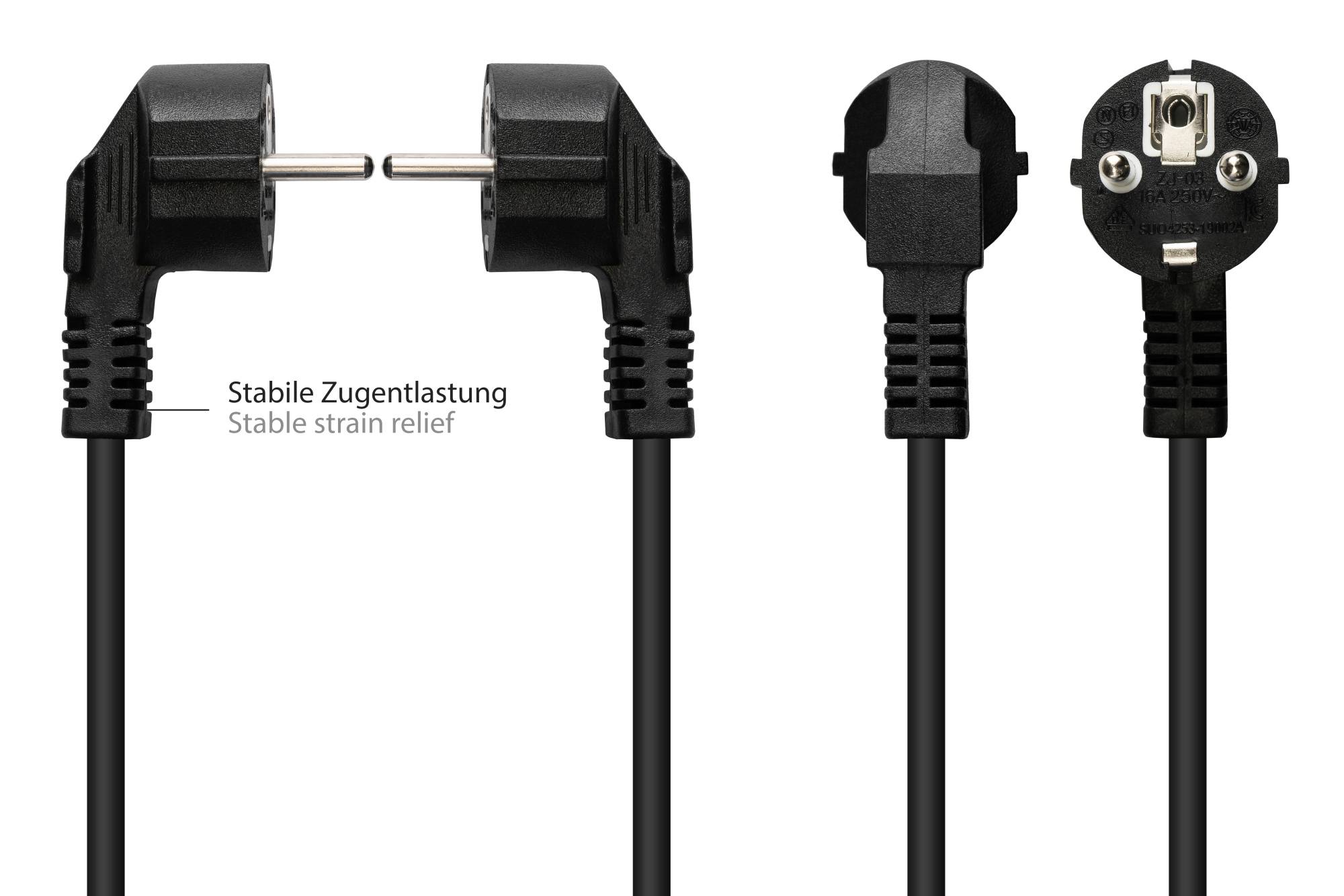 Kabelmeister® Netzkabel Schutzkontakt-Stecker Typ E+F (CEE 7/7, gewinkelt) an abisolierte Enden, schwarz, 0,75 mm², 2 m