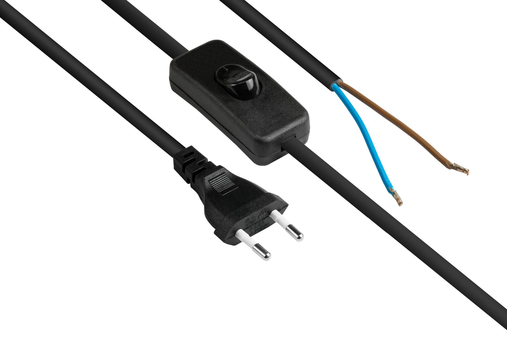 Good Connections® Euro-Netzkabel Euro-Stecker (gerade) an abisolierte Enden, mit Schalter, schwarz, 0,75 mm², 1,5 m