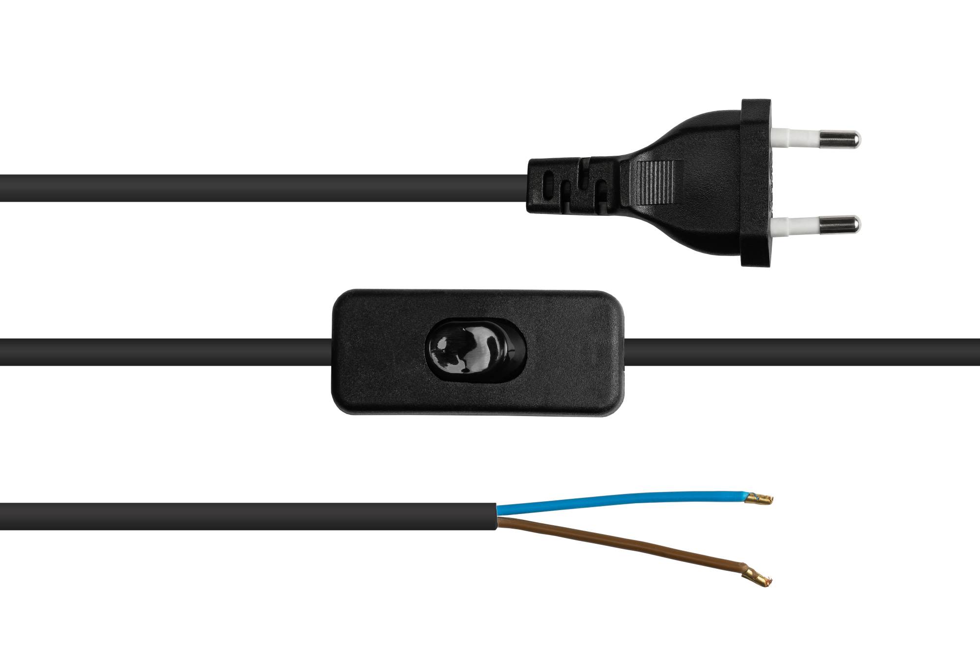 Good Connections® Euro-Netzkabel Euro-Stecker (gerade) an abisolierte Enden, mit Schalter, schwarz, 0,75 mm², 1,5 m