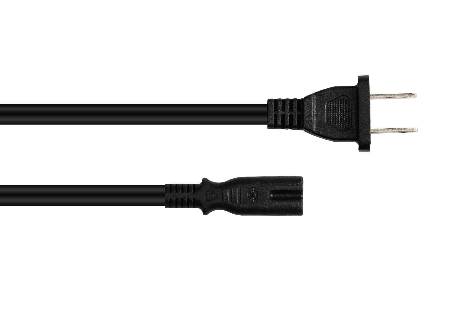 Kabelmeister® Netzkabel Amerika/USA Typ A (NEMA 1-15P) an C7/Euro 8 Buchse (gerade), UL, schwarz, AWG18, 1,8 m