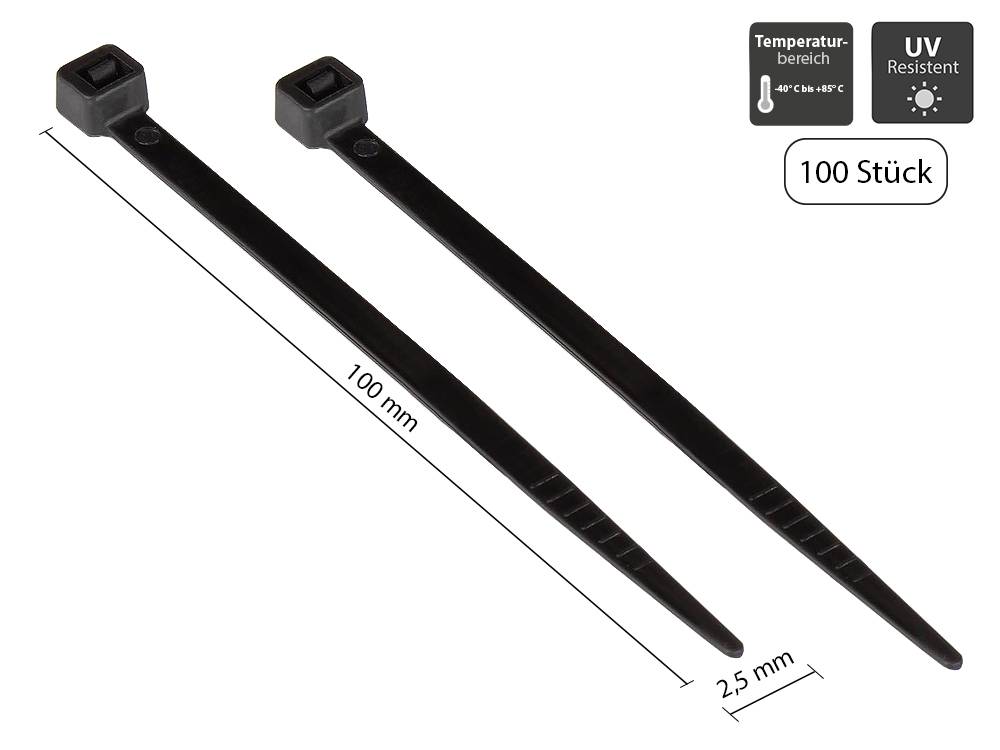 Kabelmeister® Kabelbinder 100 mm x 2,5 mm, schwarz, UL, UV-resistent, -40 °C bis +85 °C, 100 Stück