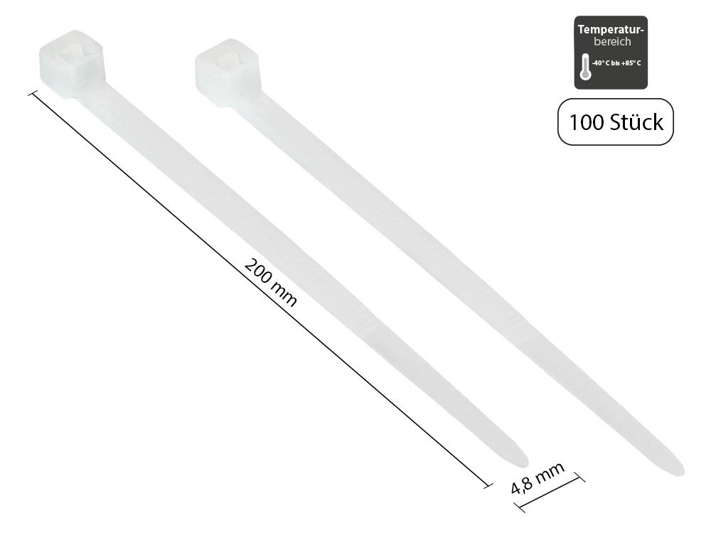 Kabelmeister® Kabelbinder 200 mm x 4,8 mm, transparent, UL, -40 °C bis +85 °C, 100 Stück