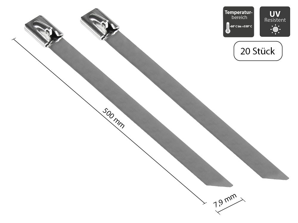 Kabelmeister® Edelstahl-Kabelbinder 500 mm x 7,9 mm, -60 °C bis +550 °C, 20 Stück