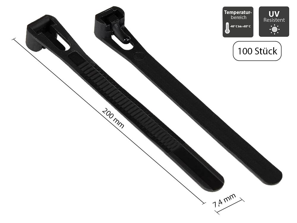 Kabelmeister® Wiederverwendbarer Kabelbinder 200 mm x 7,4 mm, schwarz, UV-resistent, -40 °C bis +85 °C, 100 Stück