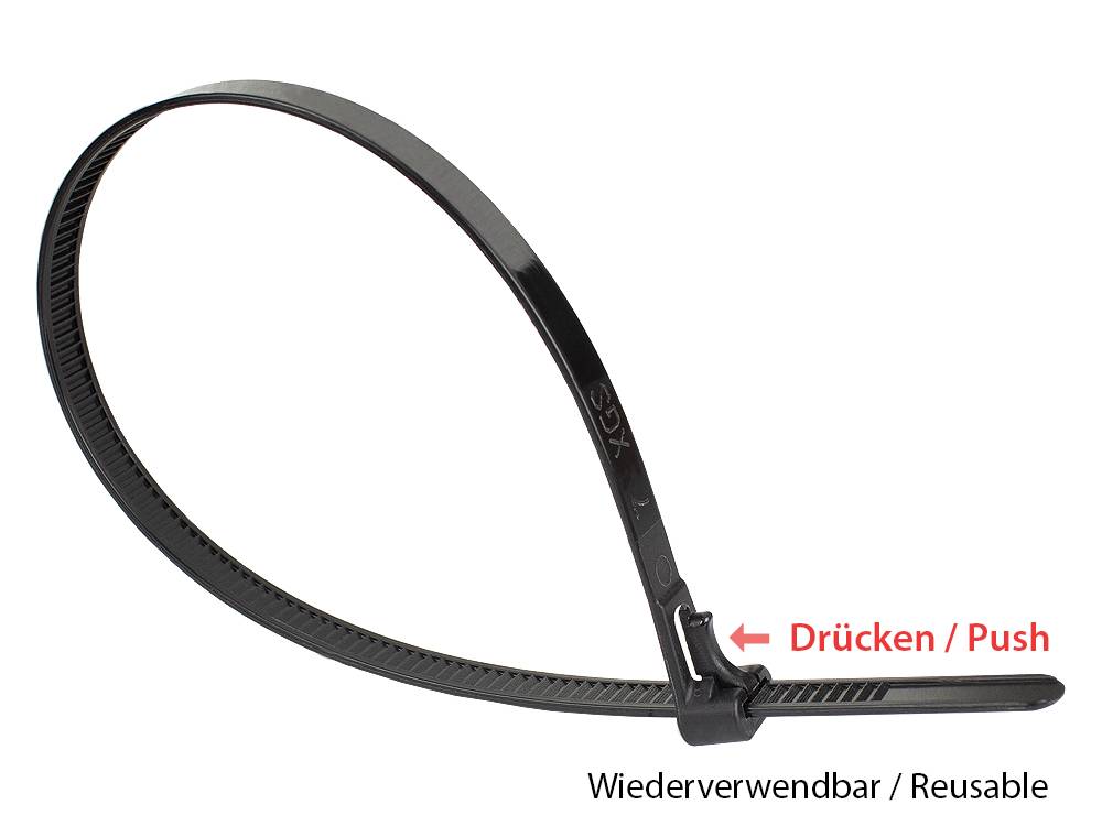 Kabelmeister® Wiederverwendbarer Kabelbinder 450 mm x 7,4 mm, schwarz, UV-resistent, -40 °C bis +85 °C, 100 Stück