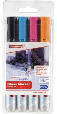 Packung mit vier edding-Glasmarkern in Schwarz, Blau, Pink und Orange, dargestellt in durchsichtiger Einzelhandelsverpackung aus Kunststoff.
