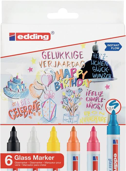 Buntes 'edding' Markerset-Paket mit den Worten 'Happy Birthday' in mehreren Sprachen. Enthält sechs lebendige Marker und verspieltes Illustrationsdesign.