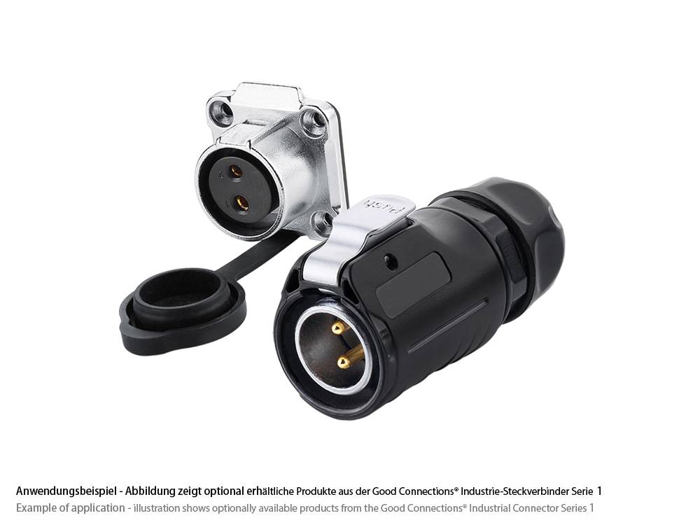 Good Connections® Industrie-Steckverbinder S1 - Power (2-Pin) Durchführungskupplung mit Flansch, Lötanschluss, Metall