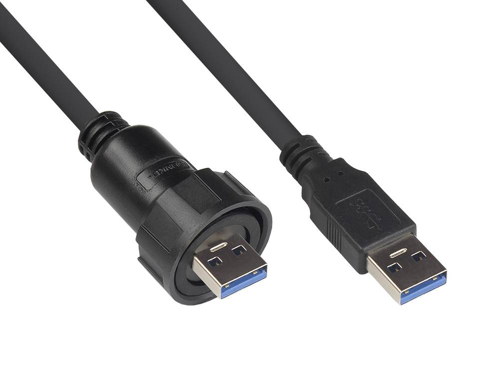 Good Connections® Industrie-Steckverbinder S4 - USB 3.0 Kabel, Stecker A mit Kabelverschraubung an Stecker A,schwarz, 1m