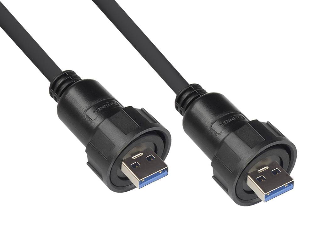 Good Connections® Industrie-Steckverbinder S4 - USB 3.0 Kabel, Stecker A mit Kabelverschraubung beidseitig,schwarz, 1m