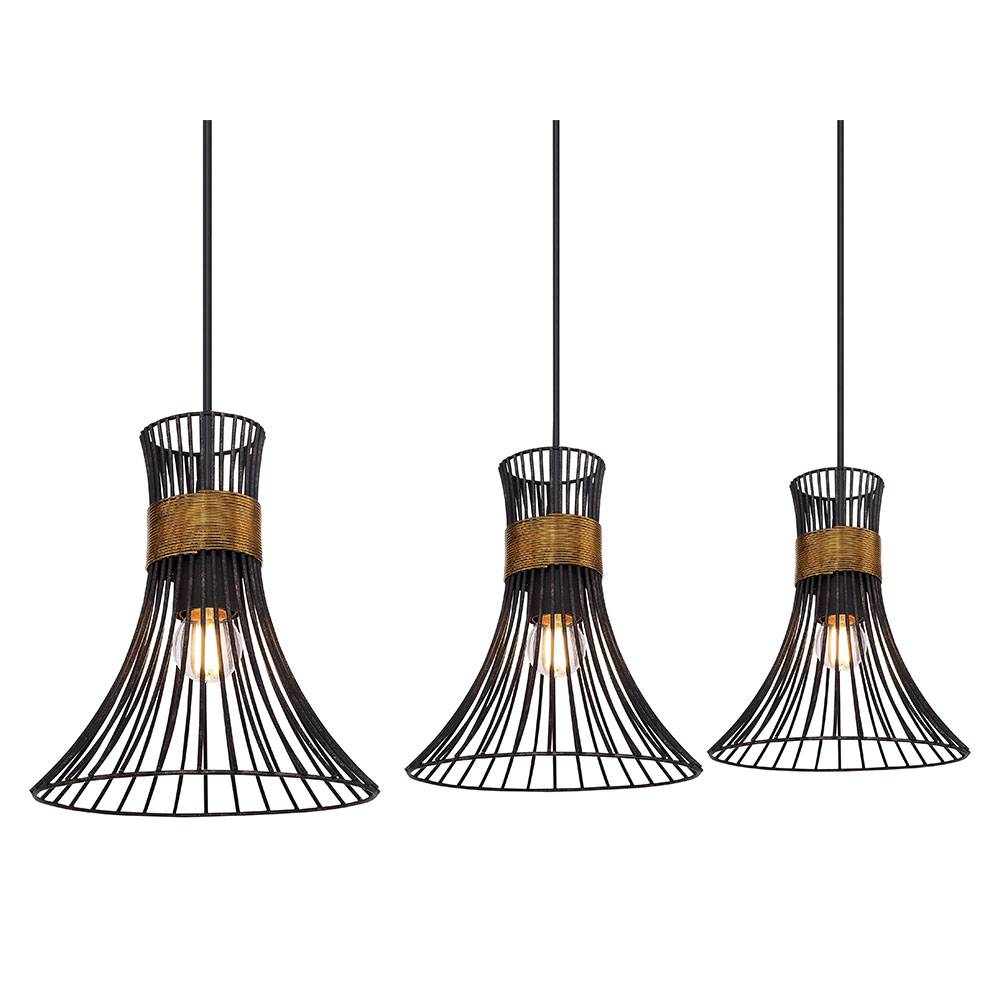 Deckenleuchte Pendellampe mit Gitter Lampenschirmen 3 flammig Hängeleuchte in schwarz-gold, Metall, 3x E27, LxBXH 80x22x120cm, Wohnzimmer Esszimmer