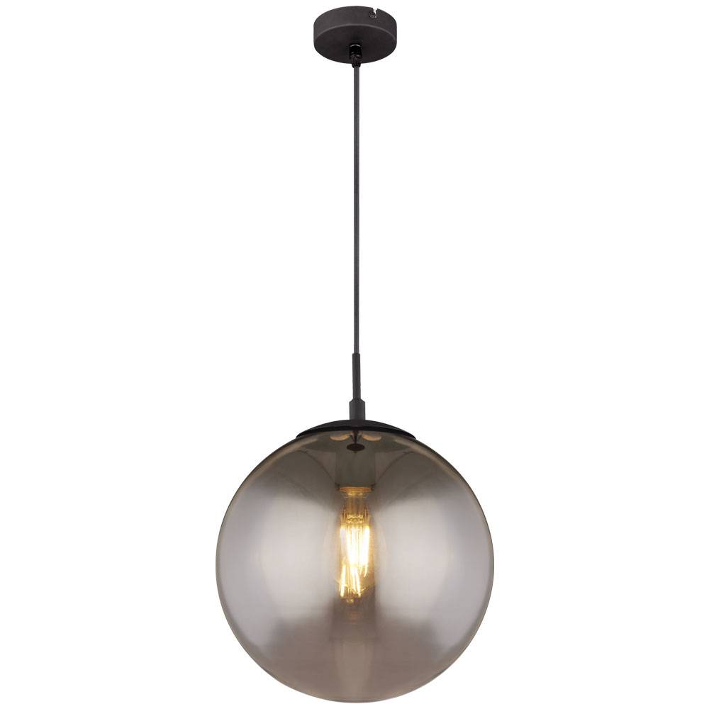 Decken Hängeleuchte Glaskugel Pendelleuchte Rauchglas Kugelleuchte pendelnd, Metall schwarz matt, 1x E27, DMxHöhe 30x120cm, Wohnzimmer Esszimmer Sch