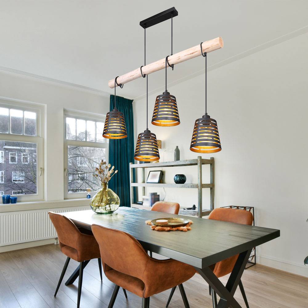 Pendelleuchte Holzbalken Hängelampe Retro Esszimmerlampe hängend mit vier Metallschirmen, schwarz gold, 4x E27, LxBxH 85x17x120 cm, Wohnzimmer