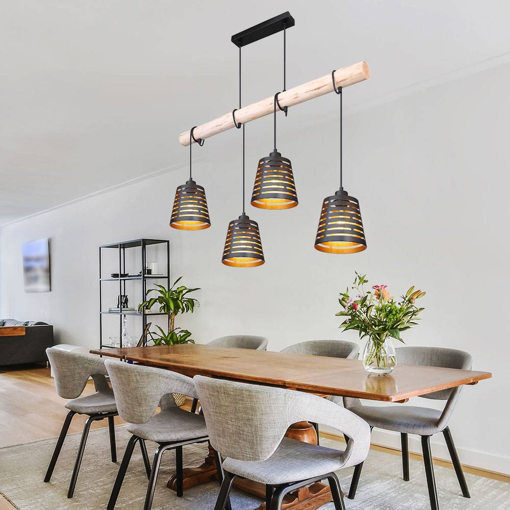 Pendelleuchte Holzbalken Hängelampe Retro Esszimmerlampe hängend mit vier Metallschirmen, schwarz gold, 4x E27, LxBxH 85x17x120 cm, Wohnzimmer