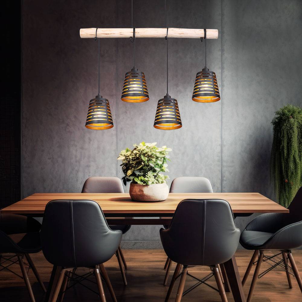 Pendelleuchte Holzbalken Hängelampe Retro Esszimmerlampe hängend mit vier Metallschirmen, schwarz gold, 4x E27, LxBxH 85x17x120 cm, Wohnzimmer