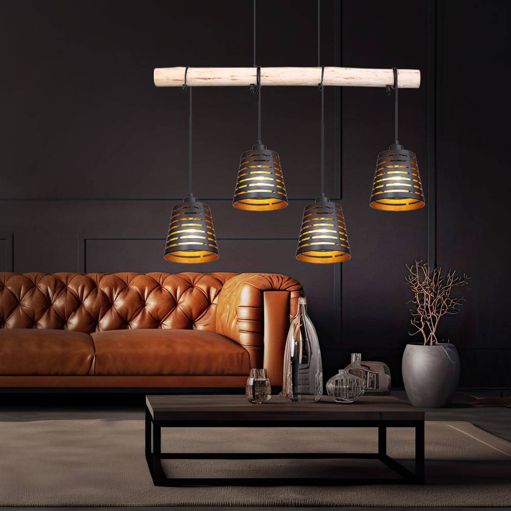 Pendelleuchte Holzbalken Hängelampe Retro Esszimmerlampe hängend mit vier Metallschirmen, schwarz gold, 4x E27, LxBxH 85x17x120 cm, Wohnzimmer