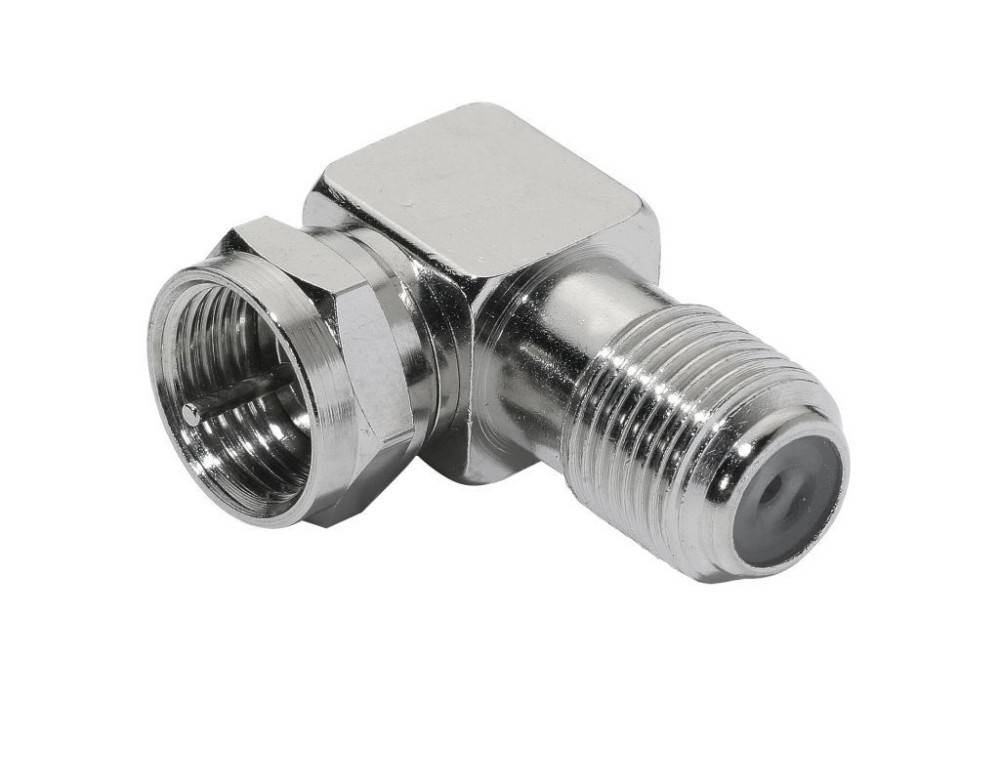 Verchromter Winkelstecker-Koaxialstecker mit Gewindebuchse und Steckkontakt, dargestellt auf weißem Hintergrund.