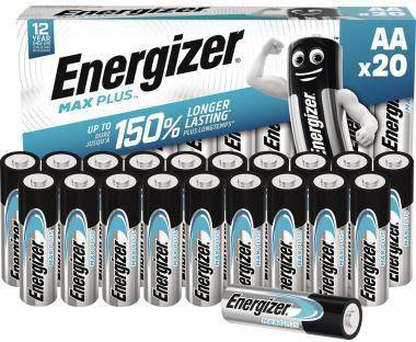 Packung mit 20 Energizer Max Plus AA-Batterien mit einer Haltbarkeit von 12 Jahren und der Aussage „bis zu 150% länger haltbar