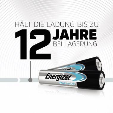 Energizer Max Plus Batterien mit deutschem Text, dass sie bis zu 12 Jahre Ladung in Lagerung halten.