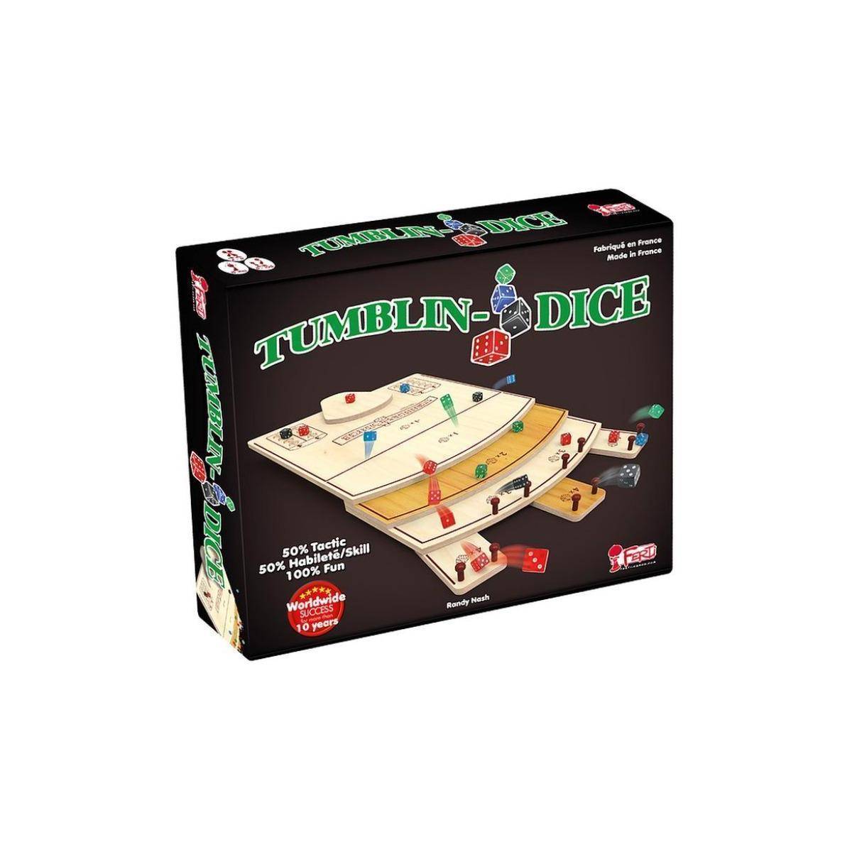 Schachtel des Tumblin-Dice-Spiels, die ein mehrschichtiges Holzbrett mit bunten Würfeln zeigt und Strategie und Spielfreude hervorhebt.