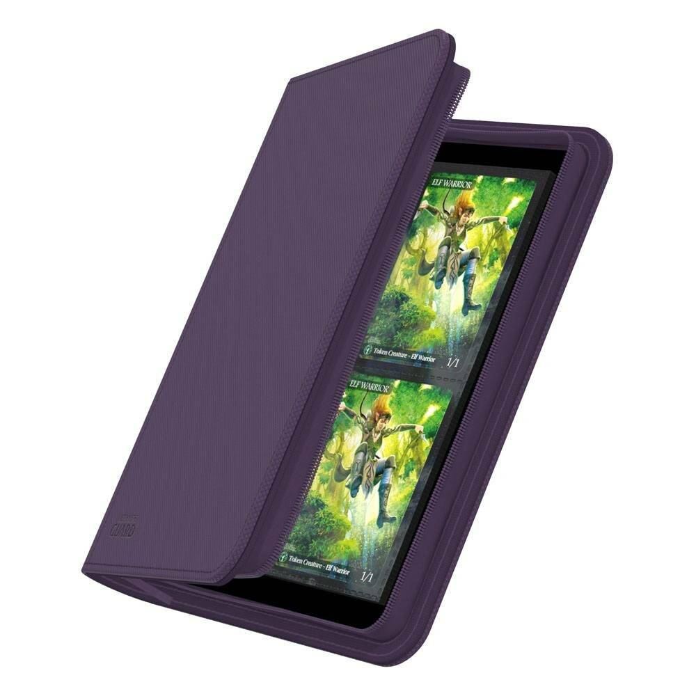 Violettes Tablet-Etui mit Reißverschluss, darin ein Tablet, das zwei gestapelte Bilder auf dem Bildschirm anzeigt.