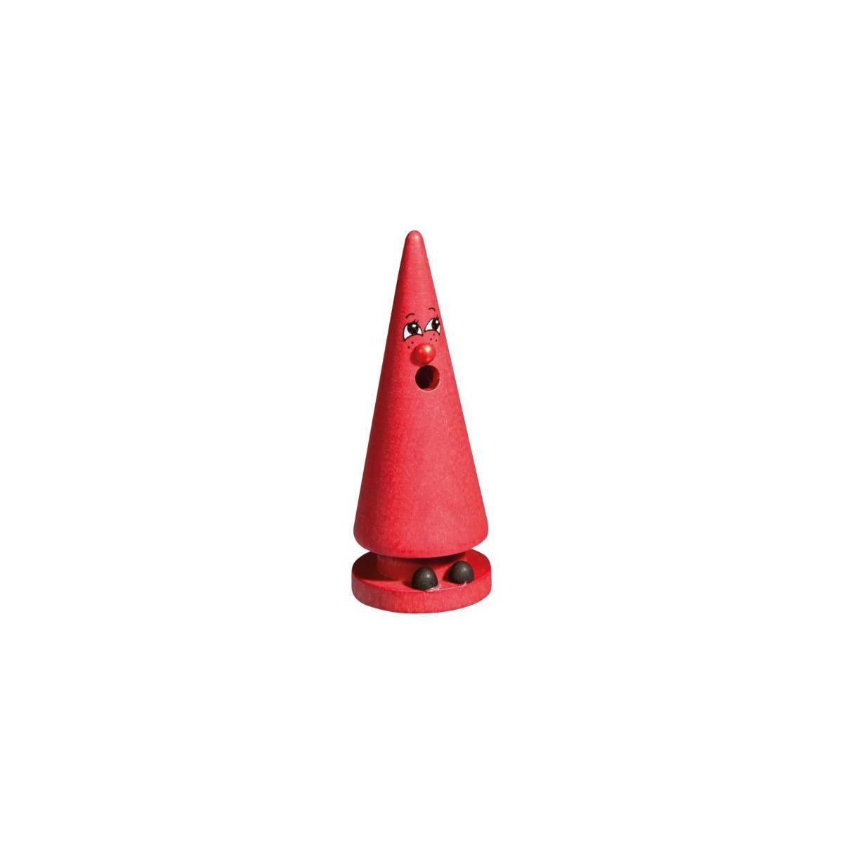 Rote hölzerne kegelförmige Weihnachtsmännchen-Figur mit bemaltem Gesicht und schwarzen Stiefeln auf einer runden Basis, zentriert auf weißem Hintergrund.