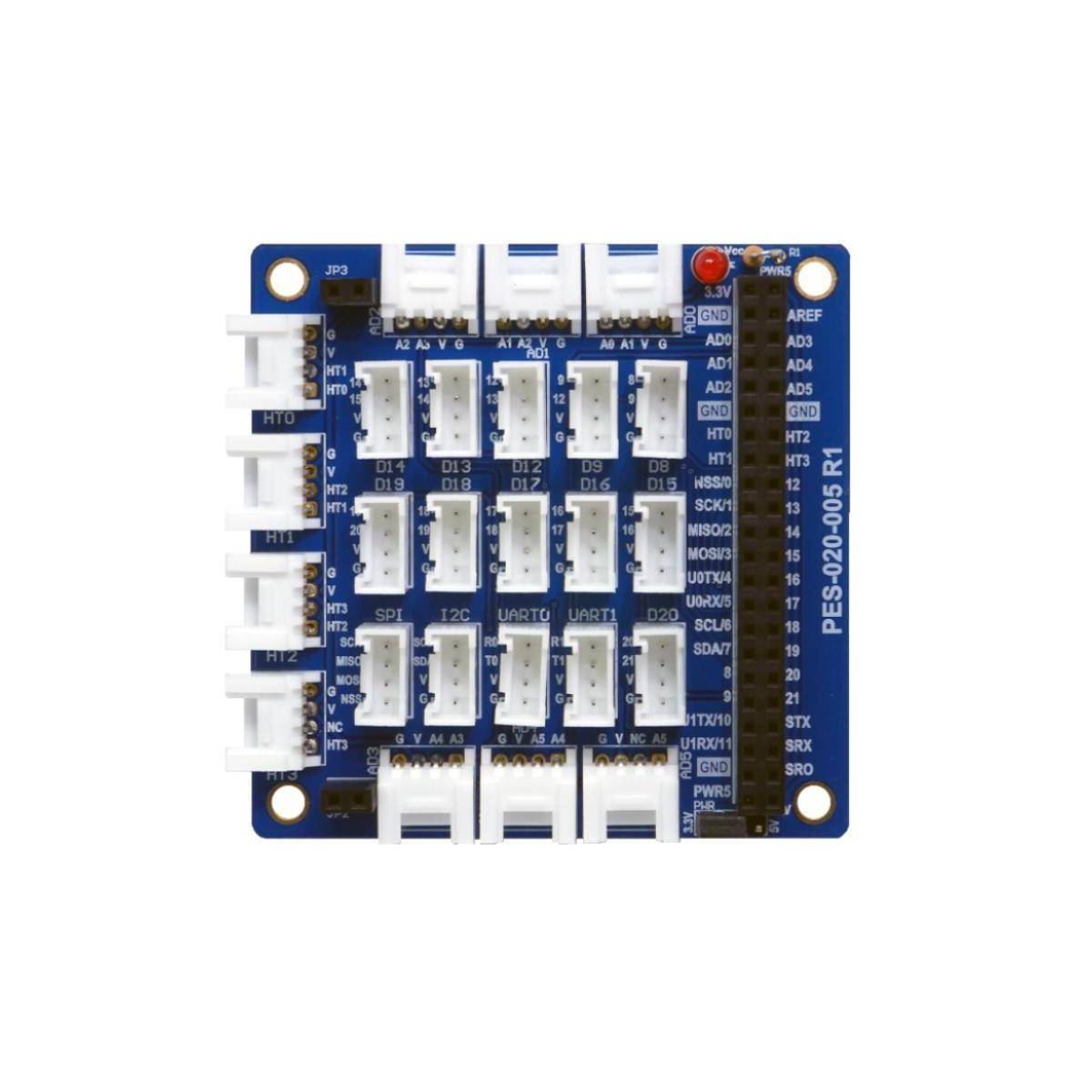 Weißes und blaues Anschlussboard mit beschrifteten Sockeln, die für spezifische Funktionen wie AREF, A0-5, D13 gekennzeichnet sind. Kleine rote Lampe oben rechts.