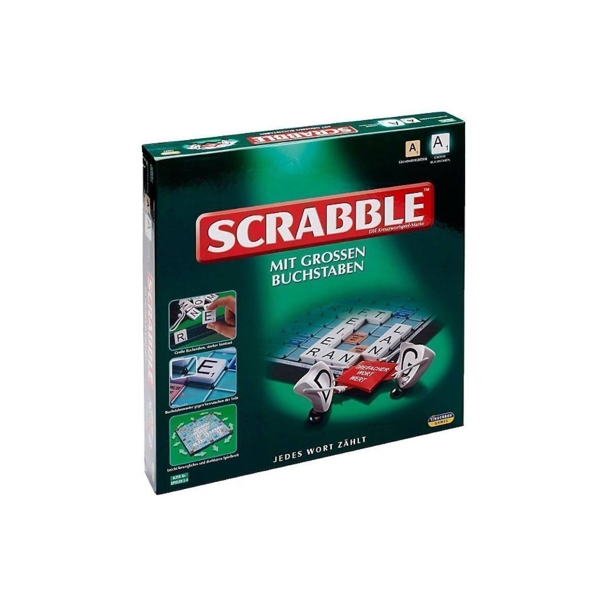 Scrabble-Spielschachtel auf Deutsch, mit der Aufschrift „Mit großen Buchstaben