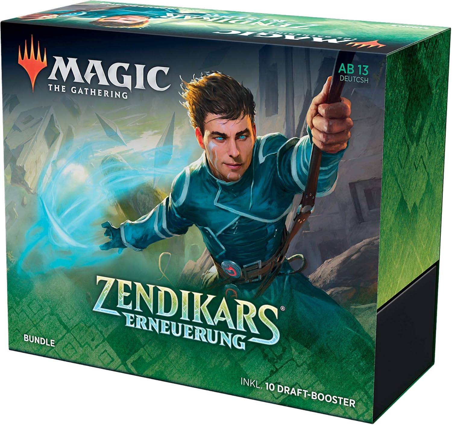Magic: The Gathering Zendikar's Renewal Bundle-Box mit einer illustrierten männlichen Figur in Türkis, gekennzeichnet mit „AB 13 DEUTSCH
