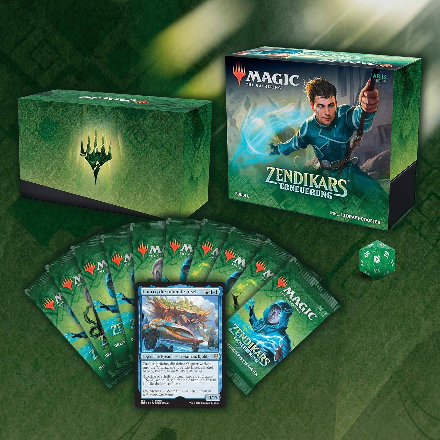 Magic: The Gathering Zendikar Rising Bundle-Box, Kartenpakete, eine Promokarte und ein grüner Spindown-Würfel auf grünem Hintergrund.