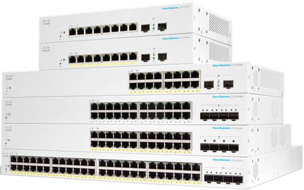 Stapel von sechs weißen Cisco-Netzwerk-Switches mit vielen Ethernet-Anschlüssen, in Perspektive auf weißem Hintergrund dargestellt.