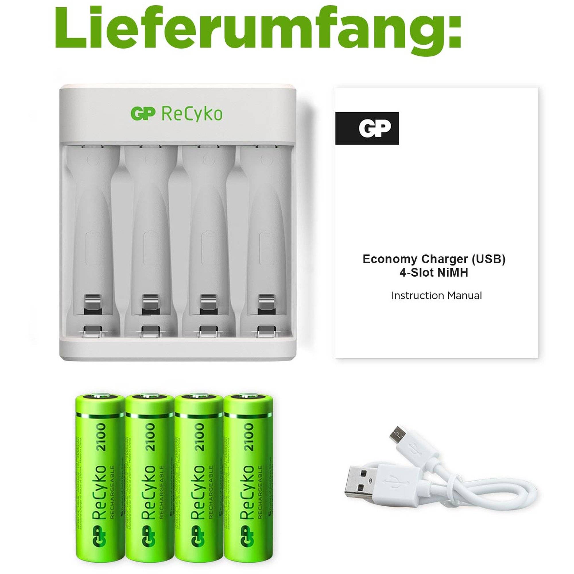 USB-Modell Ladegerät GP E411 inkl. 4x ReCyko 1,2V AA Mignon 2100 mAh Akkus