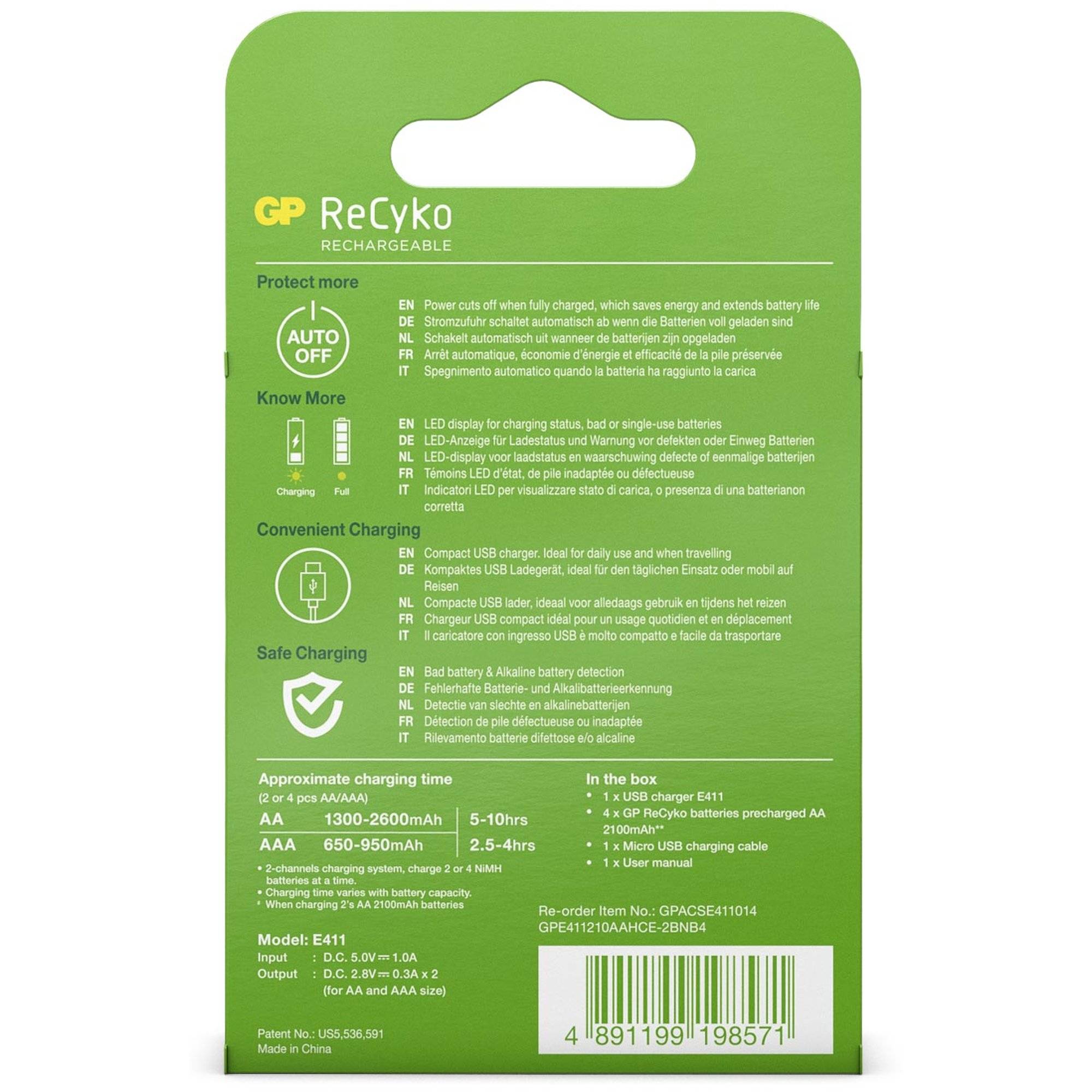 USB-Modell Ladegerät GP E411 inkl. 4x ReCyko 1,2V AA Mignon 2100 mAh Akkus