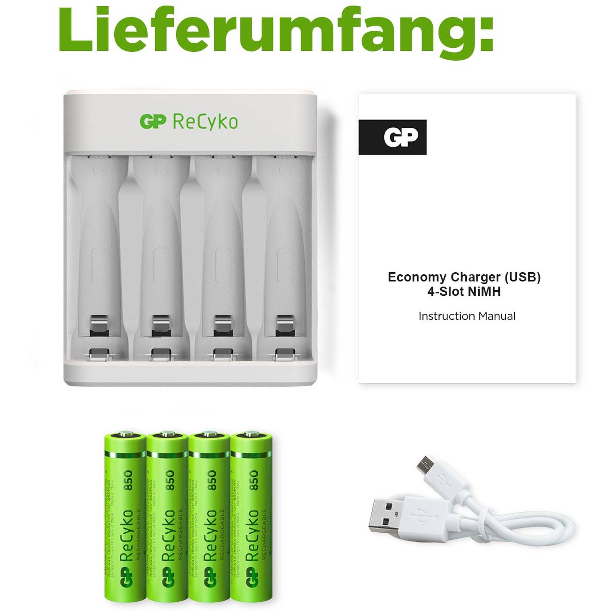 USB-Modell Ladegerät GP E411 inkl. 4x ReCyko 1,2V AAA Micro 850 mAh Akkus