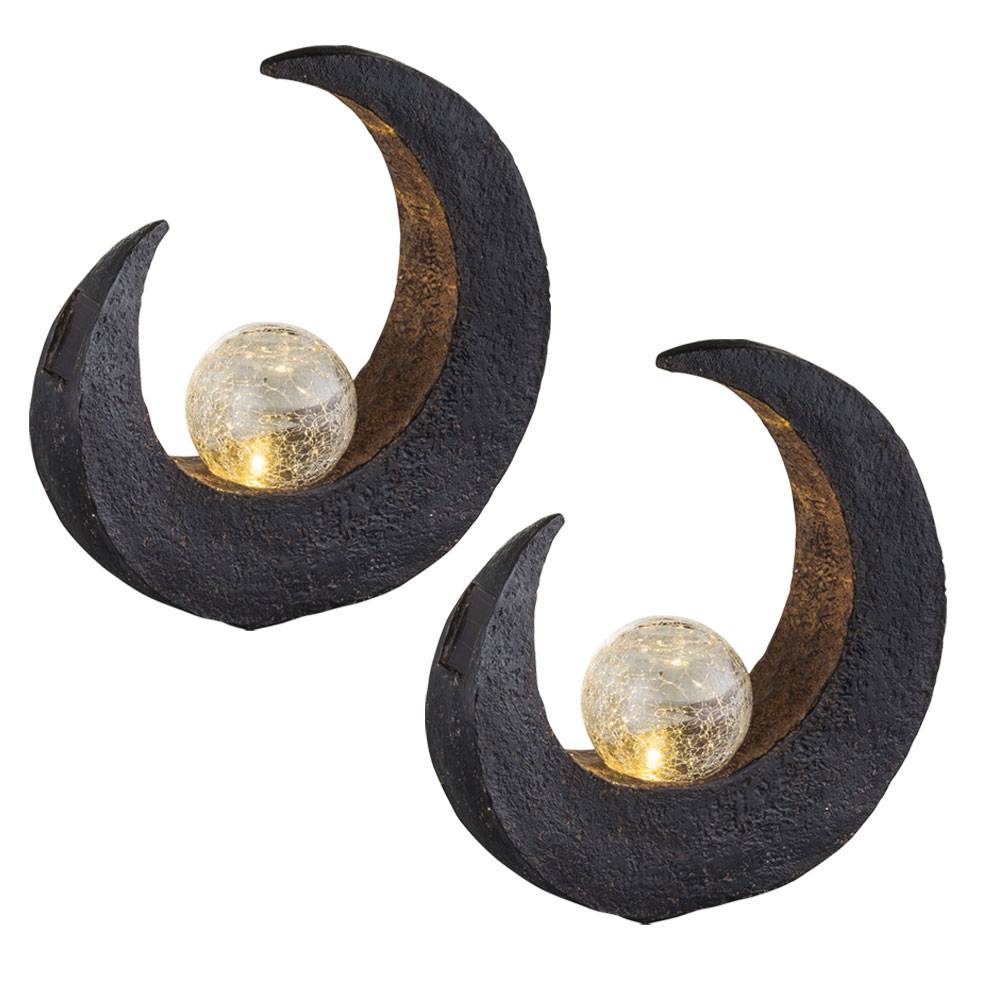 Garten Außenlampen Mondsichel Solarleuchte dekorative LED Solarleuchte Mond, Halbmond Kugel schwarz braun, LED, H 30,5 cm, Terrasse, 2er Set