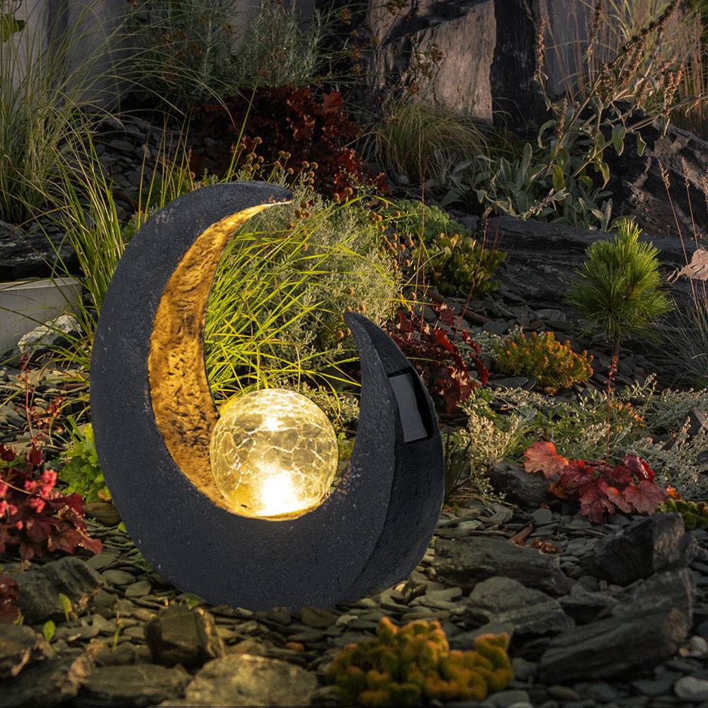 Garten Außenlampen Mondsichel Solarleuchte dekorative LED Solarleuchte Mond, Halbmond Kugel schwarz braun, LED, H 30,5 cm, Terrasse, 2er Set