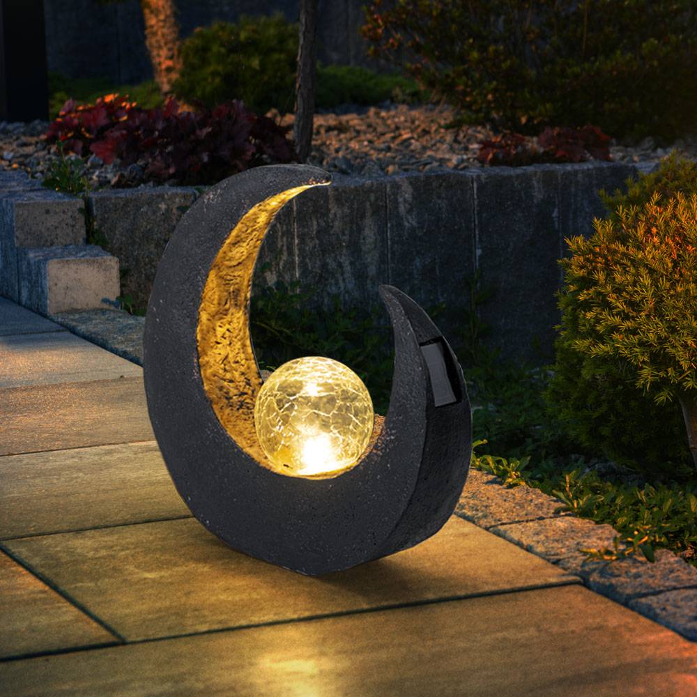 Garten Außenlampen Mondsichel Solarleuchte dekorative LED Solarleuchte Mond, Halbmond Kugel schwarz braun, LED, H 30,5 cm, Terrasse, 2er Set