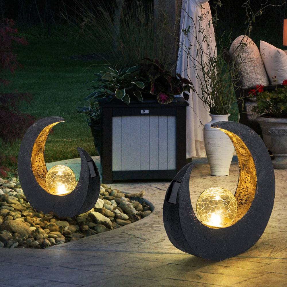Garten Außenlampen Mondsichel Solarleuchte dekorative LED Solarleuchte Mond, Halbmond Kugel schwarz braun, LED, H 30,5 cm, Terrasse, 2er Set