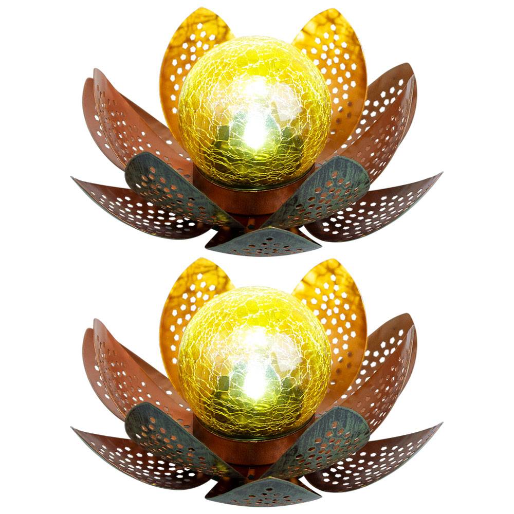Garten Außenlampen Solarleuchte dekorative LED Solarleuchte im Lotusblüten Design, Glaskugel goldfarben, LED, 22cm, Terrasse, 2er Set