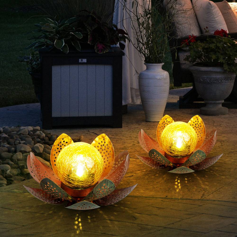 Garten Außenlampen Solarleuchte dekorative LED Solarleuchte im Lotusblüten Design, Glaskugel goldfarben, LED, 22cm, Terrasse, 2er Set