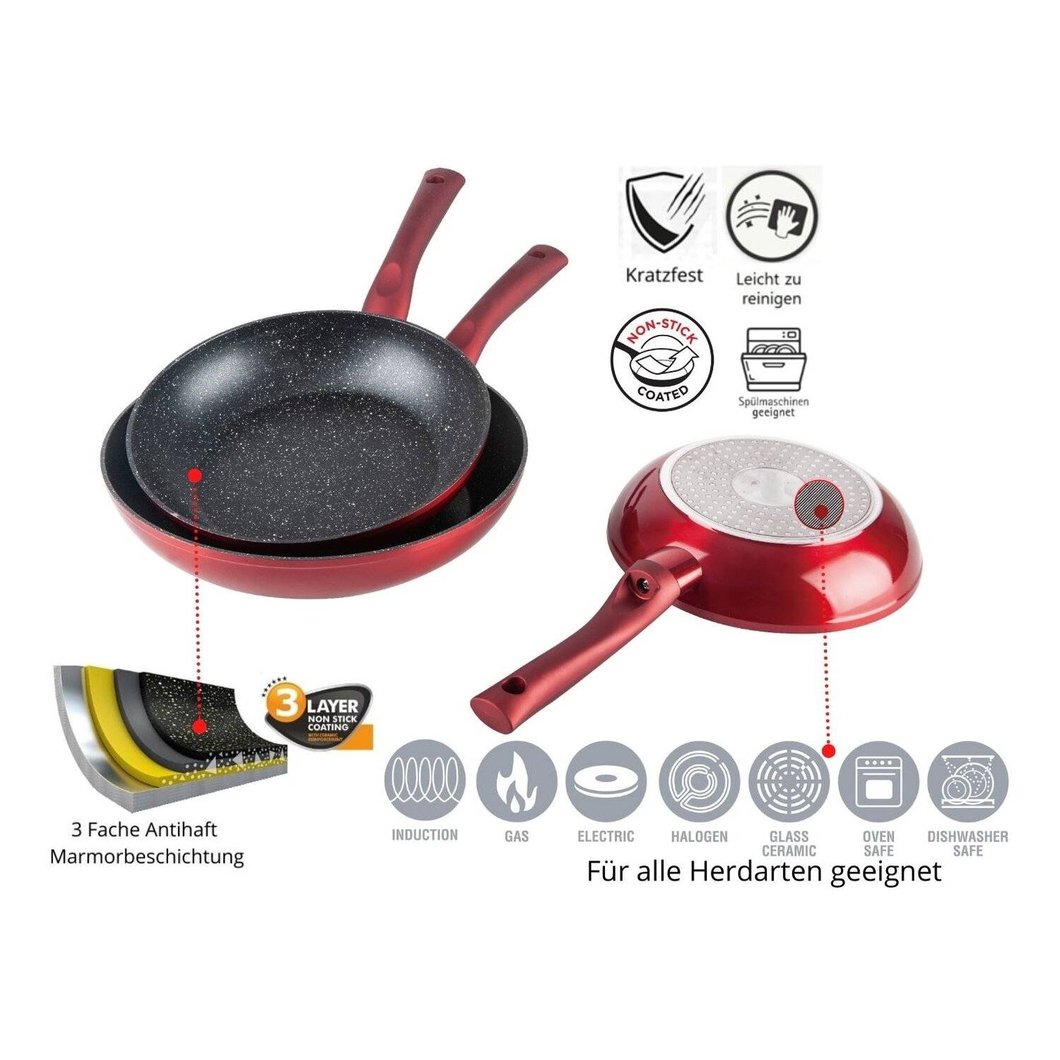3er Pfannenset Induktion Set Antikratz Bratpfannen Pfanne Antihaft Induktions-Bratpfanne ø 20 cm, ø 24 cm, ø 28 cm, rot