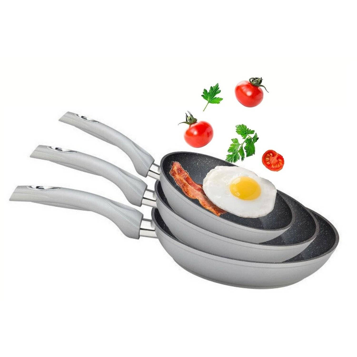 3er Pfannenset Induktion Set Antikratz Bratpfannen Antihaft Induktions-Bratpfanne ø 20 cm, ø 24 cm, ø 28 cm, silber