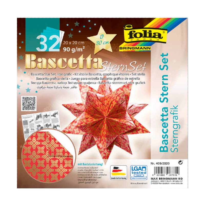 folia Faltblätter Bascetta-Stern, 200 x 200 mm, rot / gold