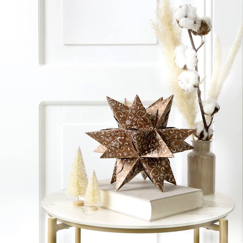 Ein dekorativer Stern aus braun-weiß gemustertem Papier liegt auf einem Buch, neben kleinen weißen Bäumen und einer Vase mit Baumwolle und Pampasgras.