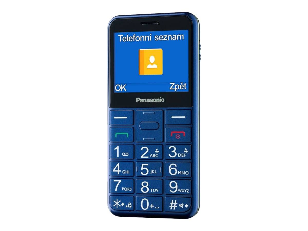 Blaues Panasonic-Feature-Phone zeigt einen „Telefonni seznam