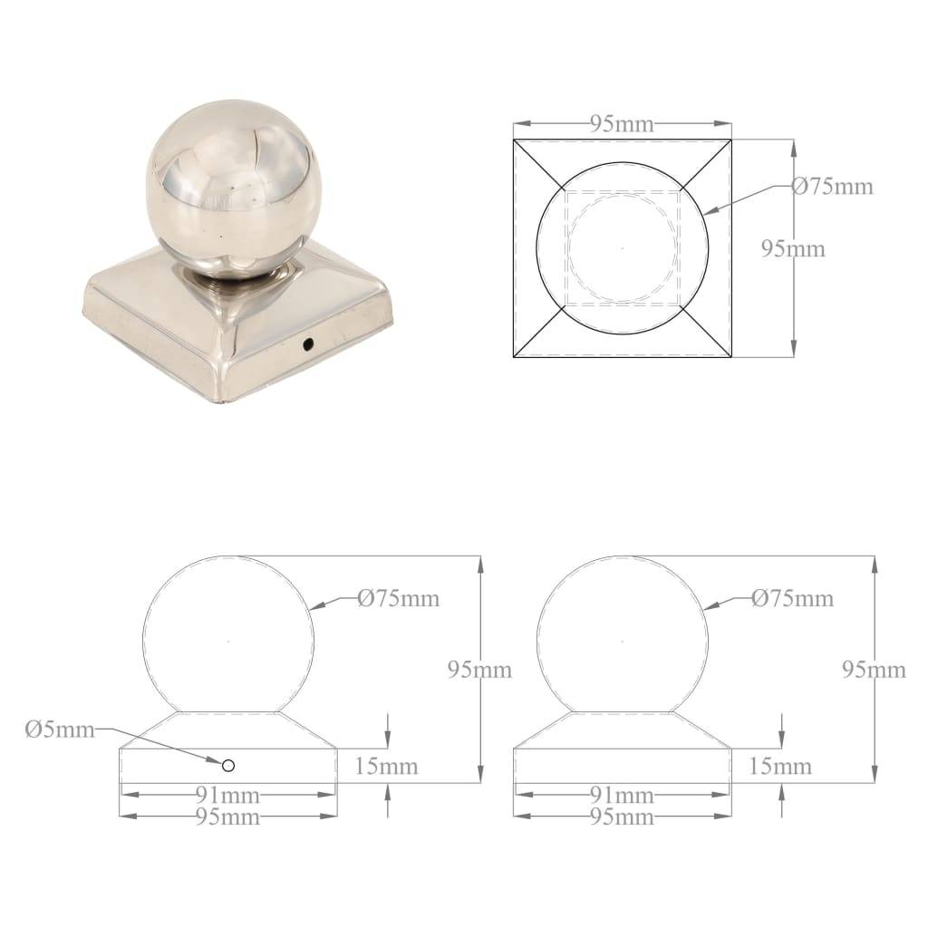 vidaXL Pfostenkappen 6 Stk. Kugelform Edelstahl 81 x 81 mm